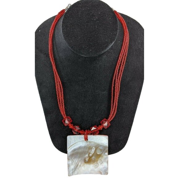 Vintage Handcrafted 17 inch Beaded Necklace with 2.5 inch Square Red Pendant - Picture 2 of 2